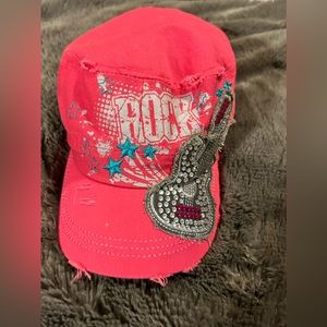 Women’s Hot pink Rock cap with beaded guitar on the side $12